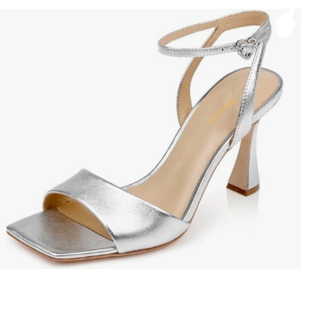 Wansseny Silver High Heel Ankle Strap Sandals Open Square Toe Summer Party Shoes